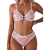 Fanuerg Women's Triangle Bikini Sets O Ring Linked Two Piece Swimsuits Floral Printed Cheeky Bathing Suit