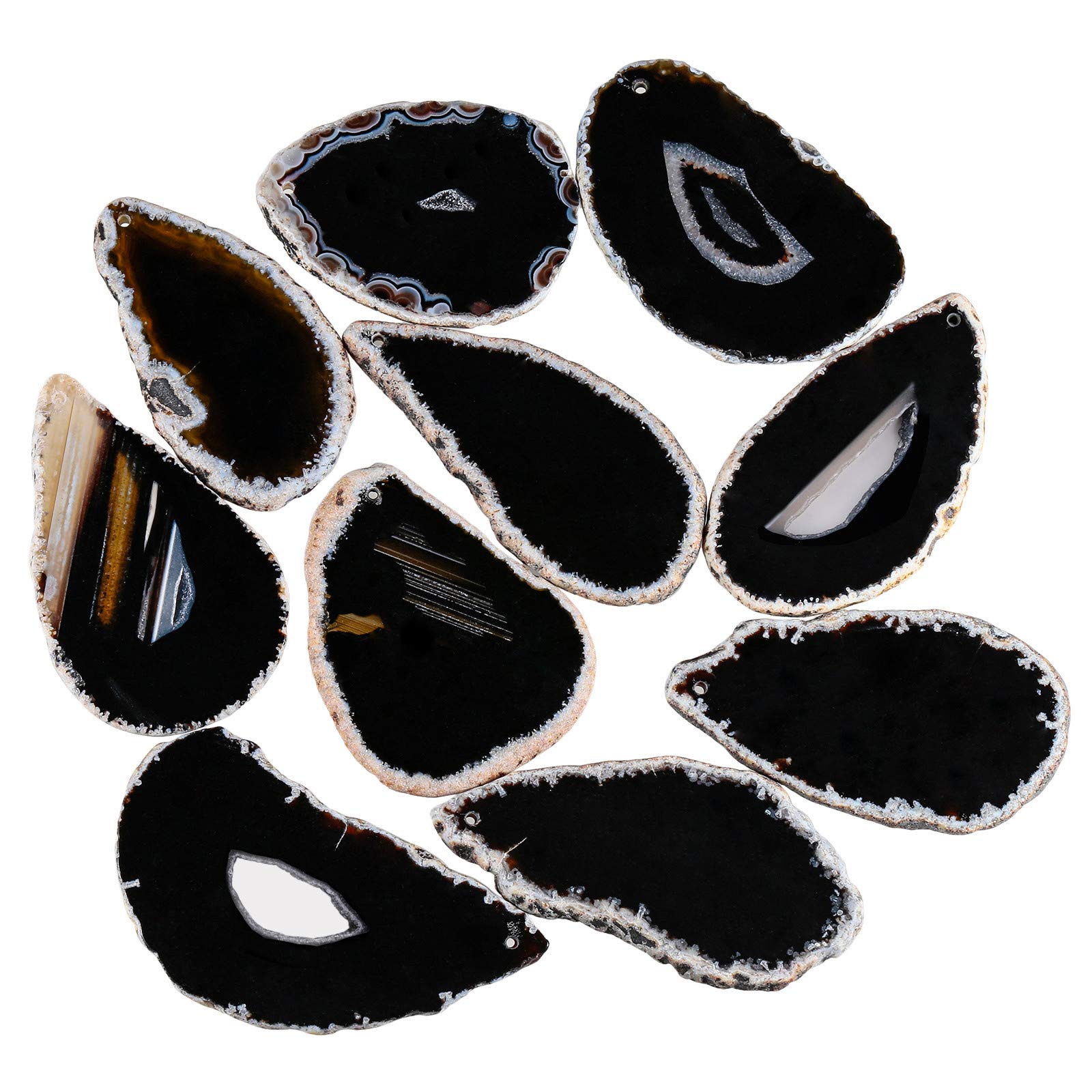 mookaitedecor 10pcs Drilled Black Agate Slices Pendants for Jewellery Making, Geode Slice Crystals and Gemstones Healing Natural Agate Crystal Wind Chime Pendants Large Stone Jewelry Pendants