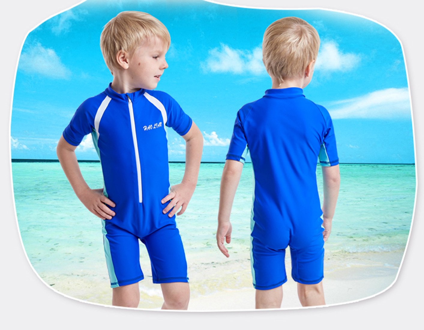 HaoLian Full Swimsuit for Boys UV Swim Suits Short Sleeve Sunsuit Sun Protection Rash Guard Swimwear for Kids Blue M