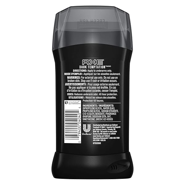 AXE DEODORANT STICK FOR MEN FOR LONG LASTING ODOR PROTECTION, DARK TEMPTATION SMOOTH DARK CHOCOLATE SCENT MEN’S DEO, FORMULATED WITHOUT ALUMINUM 3.0OZ