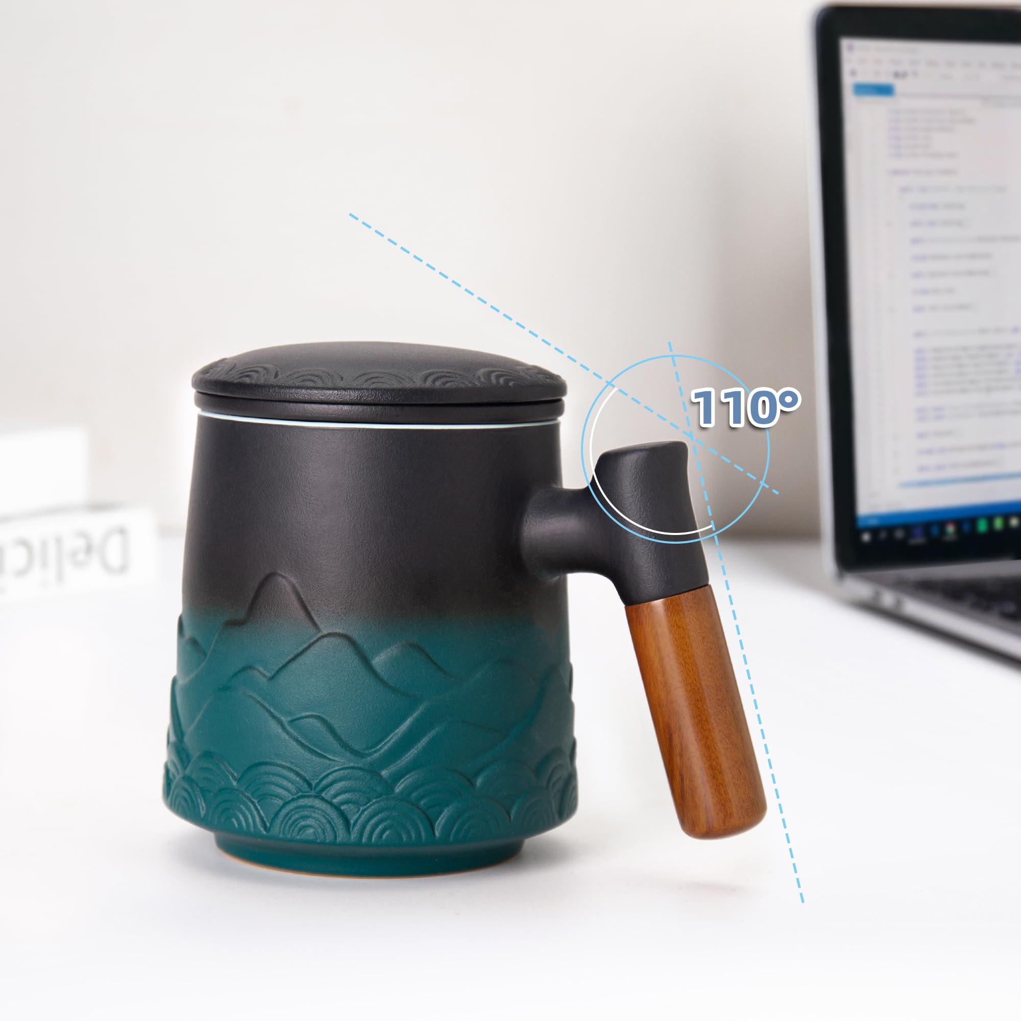 Zenoza Teetasse mit Deckel und Sieb, 500ml Große Keramik Teebecher, Teetassen Handgemacht, Geschenk für Teeliebhaber(Grün) 6