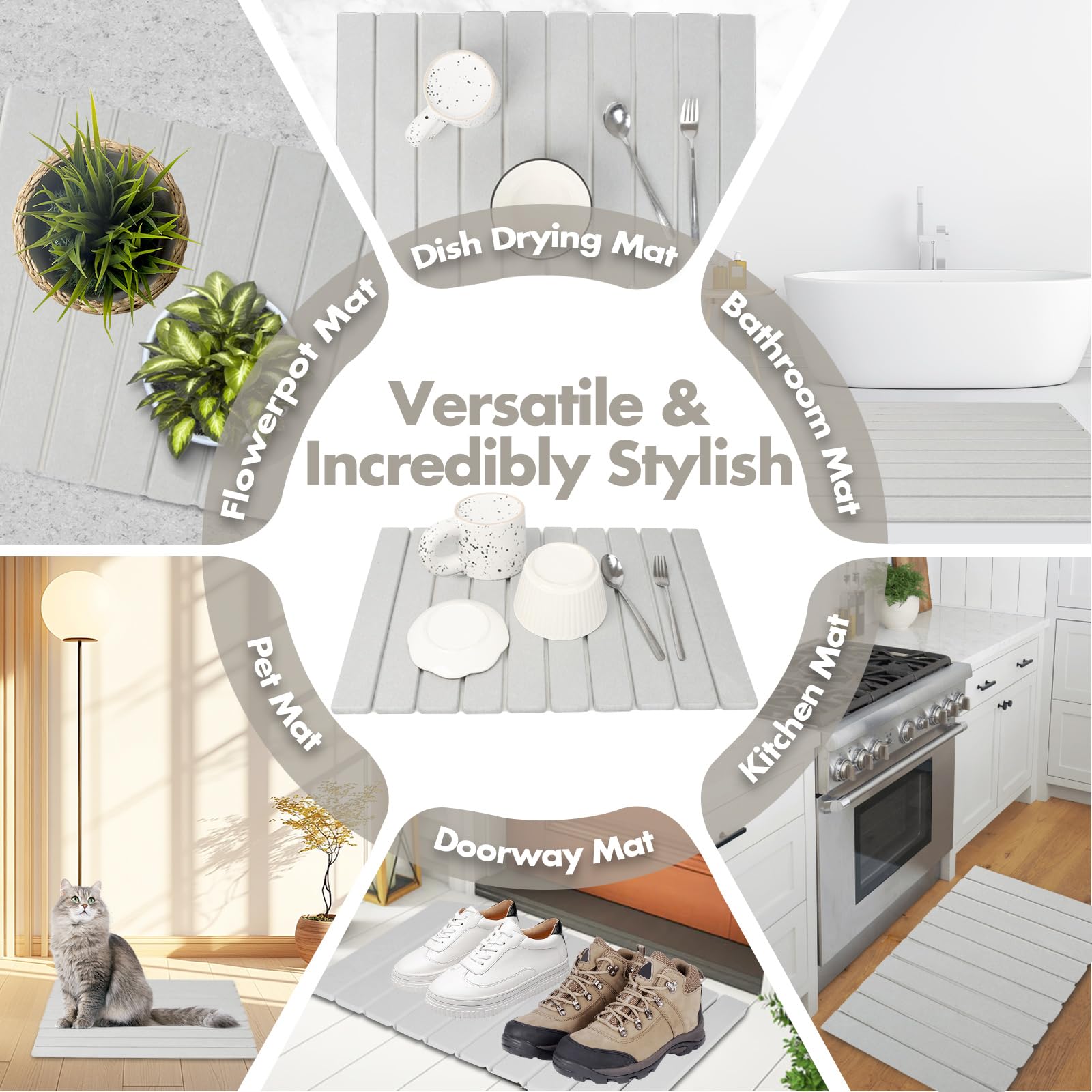 Large Stone Dish Drying Mat for Kitchen Counter, Eco-friendly, Instant Drying Pad,Diatomaceous Earth Water Absorbing Mat, Foldable and Super Absorbent Dish Drying Stone Mat, 24