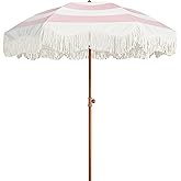 AMMSUN Boho Fringe Umbrella Outdoor Patio, 6.5ft UPF50+ Picnic Umbrella with Tassels with Steel Pole and Push Button Tilt, Pink Stripes