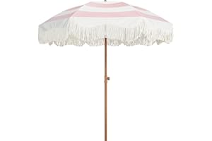 AMMSUN Boho Fringe Umbrella Outdoor Patio, 6.5ft UPF50+ Picnic Umbrella with Tassels with Steel Pole and Push Button Tilt, Pi