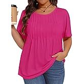 Plus Size Tops for Women Pleated Summer Top Trendy Short Sleeve Shirts Casual Basic Tee Crew Neck Blouses