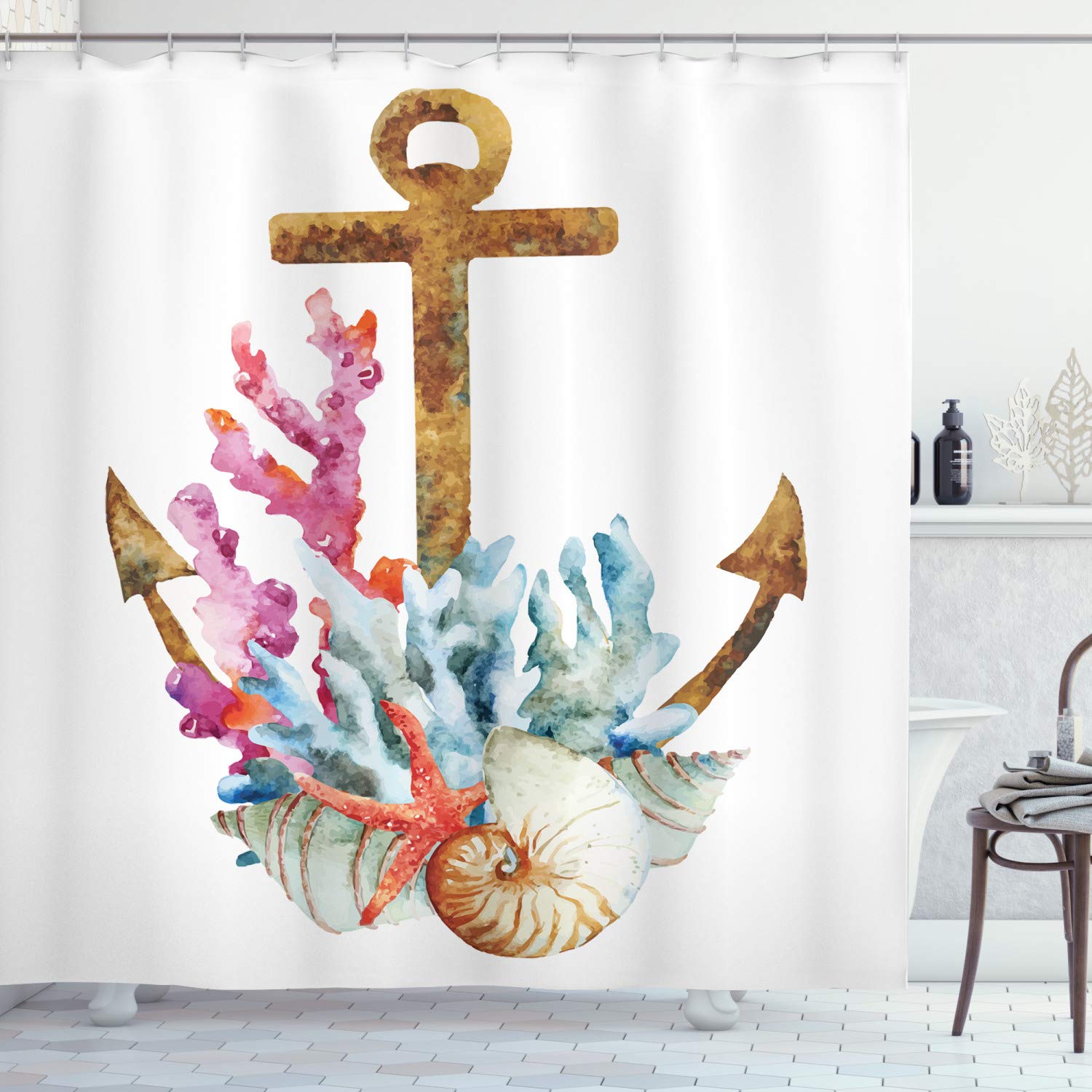 ABAKUHAUS Anchor Shower Curtain, Corals Seaweed Nature Deep Sea Underwater Life Diving Enjoyment Marine Print, Cloth Fabric Bathroom Decor Set with Hooks, 78" Inches, Caramel Multicolored