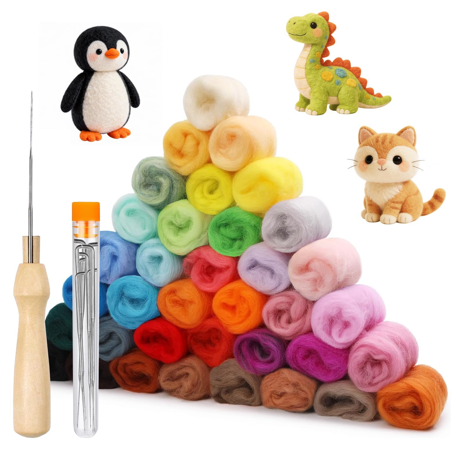Redamancy 36 Colours Needle Felting Wool 108g with Needles, Beginner-Friendly Wool Art Set for DIY Crafts Decoration, 3g/Color — image 1