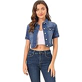 Allegra K Casual Denim Jacket for Women Short Sleeves Crop Jean Denim Jacket