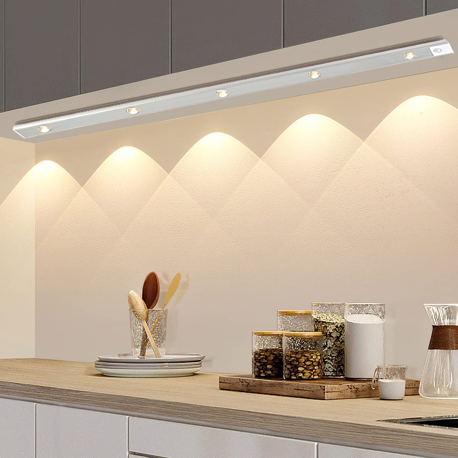 HIYAA 60 cm Under Cupboard Kitchen Lights with Motion Sensor LED Sensor Light Indoor USB Rechargeable Cabinet Lights Fully Dimmable Wireless Night Light for Kitchen, Bedroom, Stairs (3 Colors)