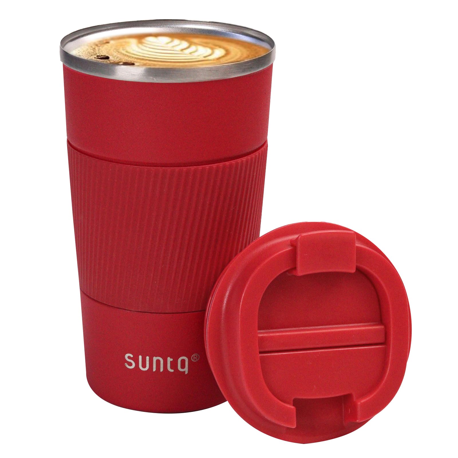 SUNTQ Reusable Coffee Cups Travel 510ml Coffee Travel Mug with Leakproof Lid - Thermal Mug Insulated Cup - Stainless Steel Travel Cup with Rubber Grip for Hot and Cold Drinks Red