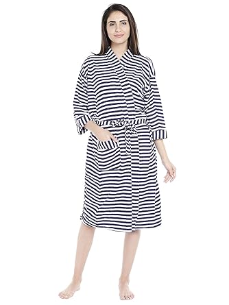 Sanddune - Womens 100% Terry Cotton Bathrobe Gown - 3/4 Sleeve Knee Length with Pocket with Waist Belt - Jumbo Stripes Print Ladies Bath Robe - Available in Size L & XL (Laege & Extra Large) with Multi Color choice (Back, Navy Blue, Maroon & Brown)