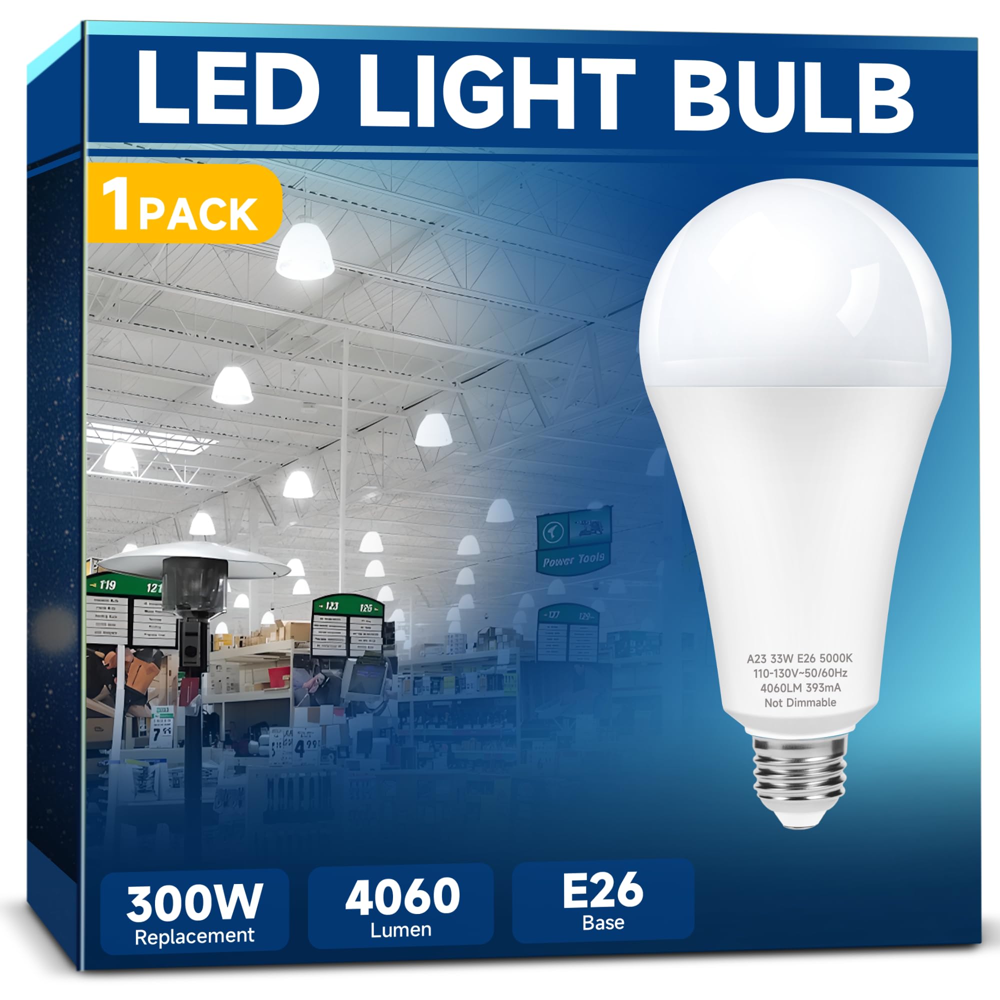 Photo 1 of LED Light Bulb A23 300W Equivalent, Super Bright 4060 Lumen 5000k Cool Daylight White E26 Medium Base 33 Watt LED Bulb for Outdoor Indoor Lamp Area Garage Warehouse Workshop Street Backyard