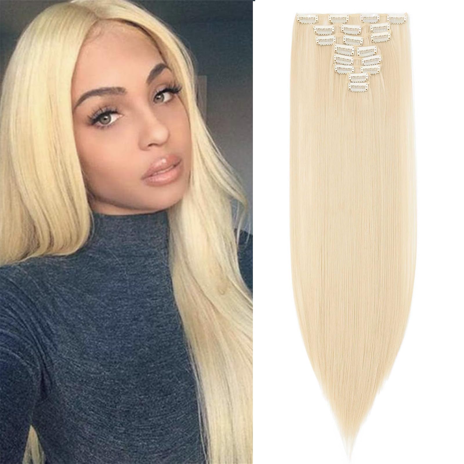 26" Long Straight Clip in Hair Extensions Full Head 8Pcs 18Clips Ombre Colorful Synthetic Hair Clip in Hairpiece Bleach Blonde