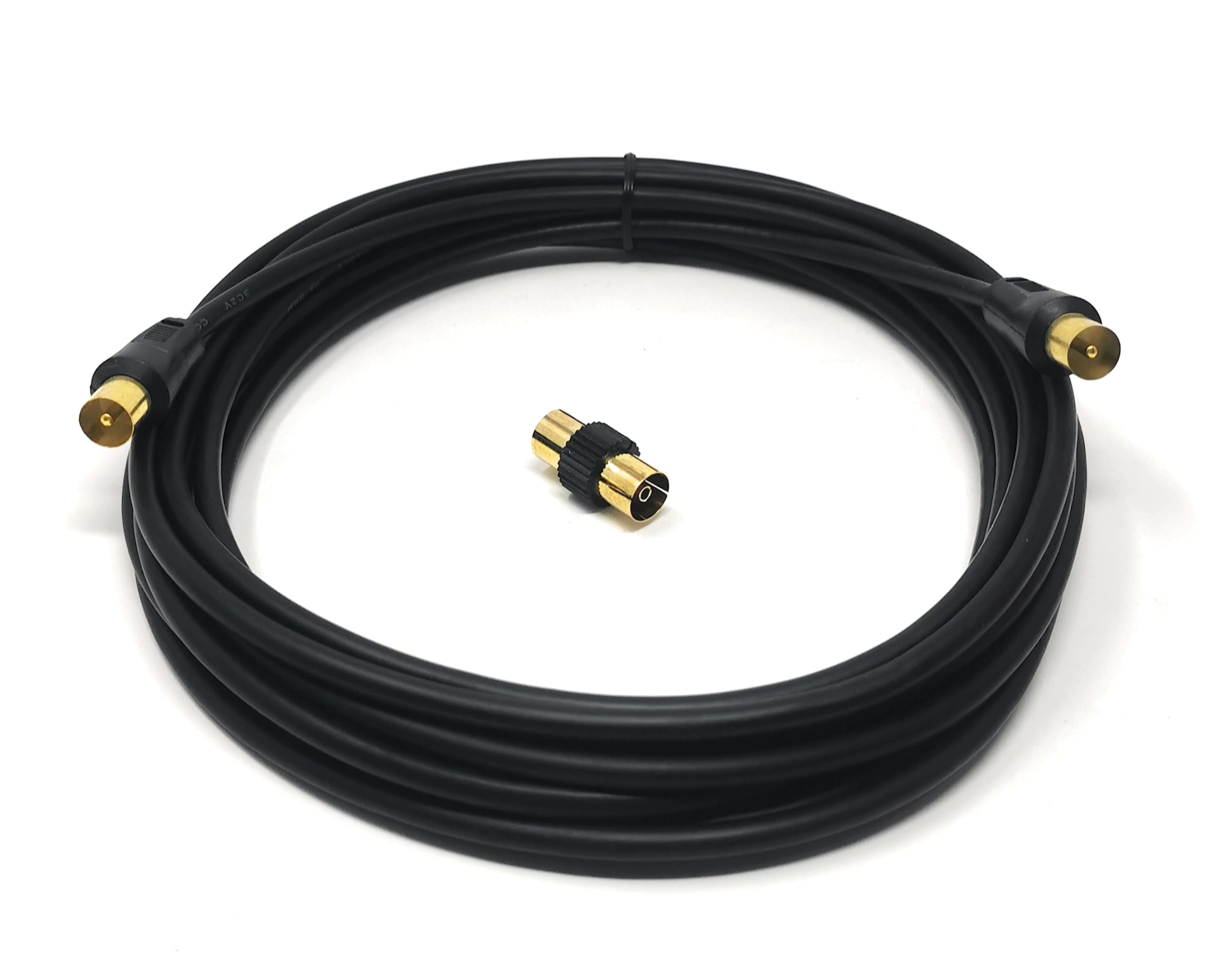 TV Aerial Coaxial Cable Male to Male RF Antenna Coax Lead Compatible with Sky SkyHD, Virgin, BT, Satellite TV, VCR, DVD Players. Comes with Female Coupler, Gold Plated Connectors (5m, Black)