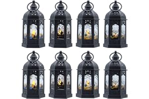 LLQ 5" Halloween Mini Lanterns for Halloween Table Centerpiece, Small Lantern Decorative Indoor with Pattern Glass for All Saints' Day Party Decor, 8 Pack Hanging Candle Holder Ornaments, Pure Black