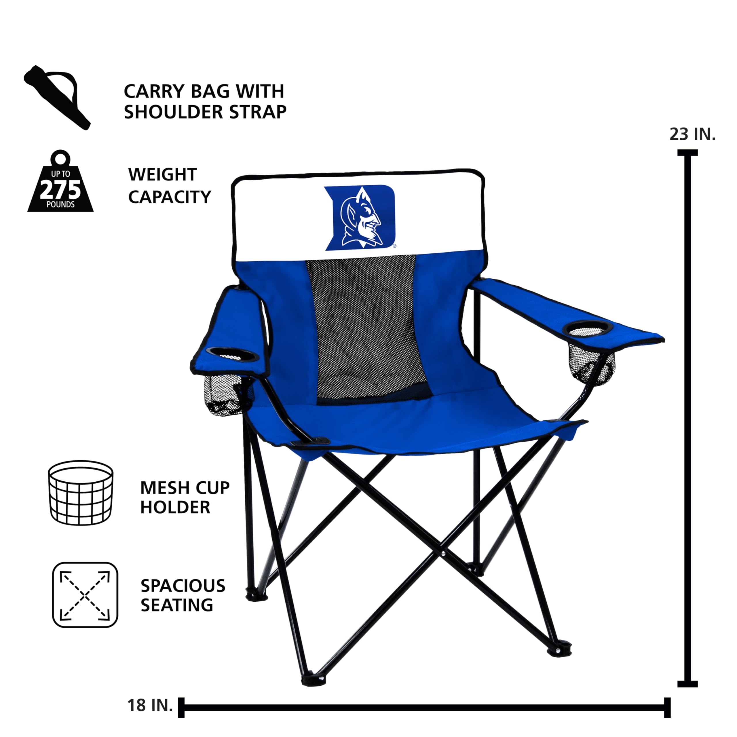 Logo Brands NCAA Duke Blue Devils Elite Portable Chair - Premium Outdoor Chair with Cup Holder, Powder-Coated Steel Frame, Lightweight and Portable for Tailgating,and Sporting Events