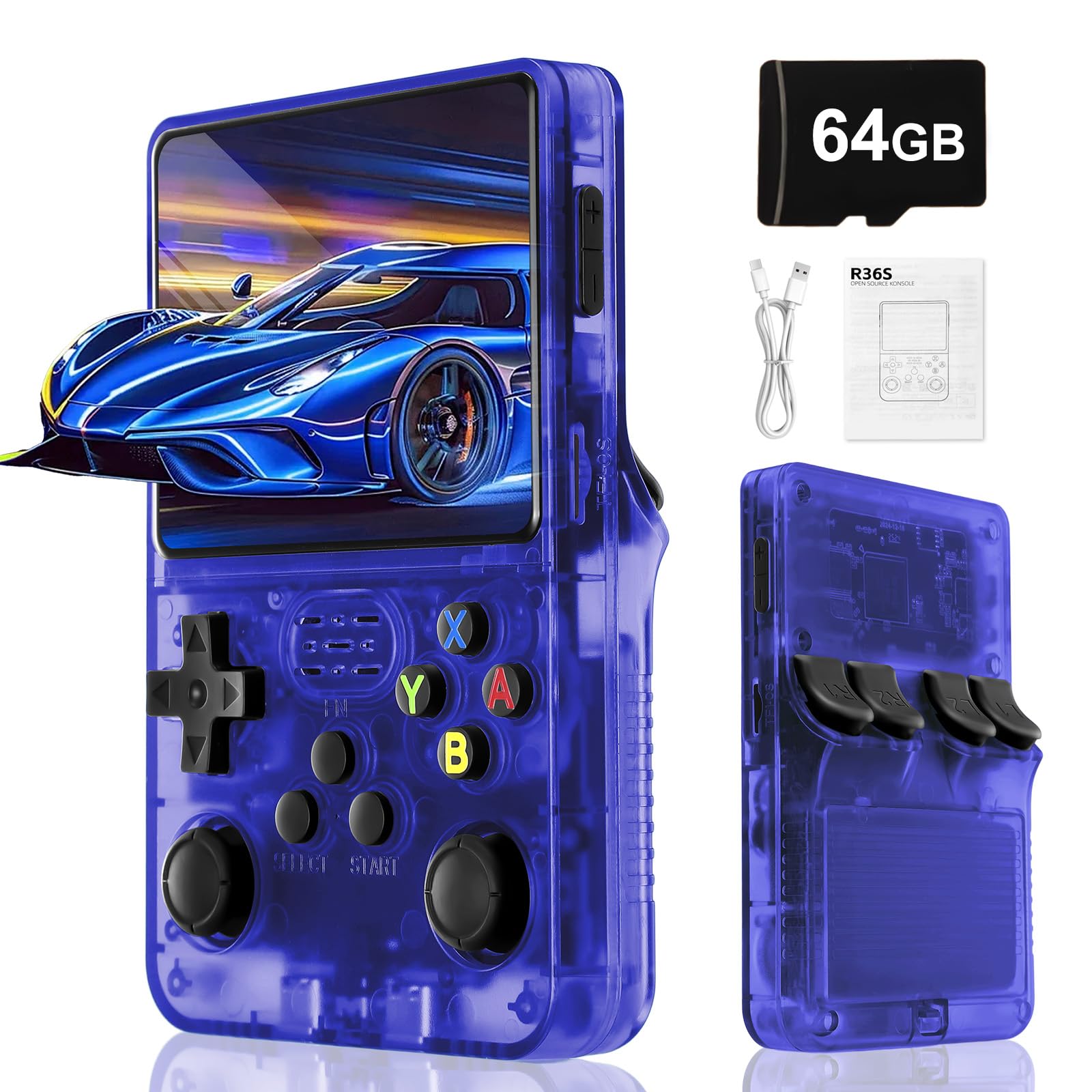 Blidinner R36S Retro Handheld Video Game Console -Linux System,3000mAh Battery,3.5 Inch Screen,64G TF Card,20000+ Classic Games,Portable Game Console for Present to Give Friends for Christmas-Blue