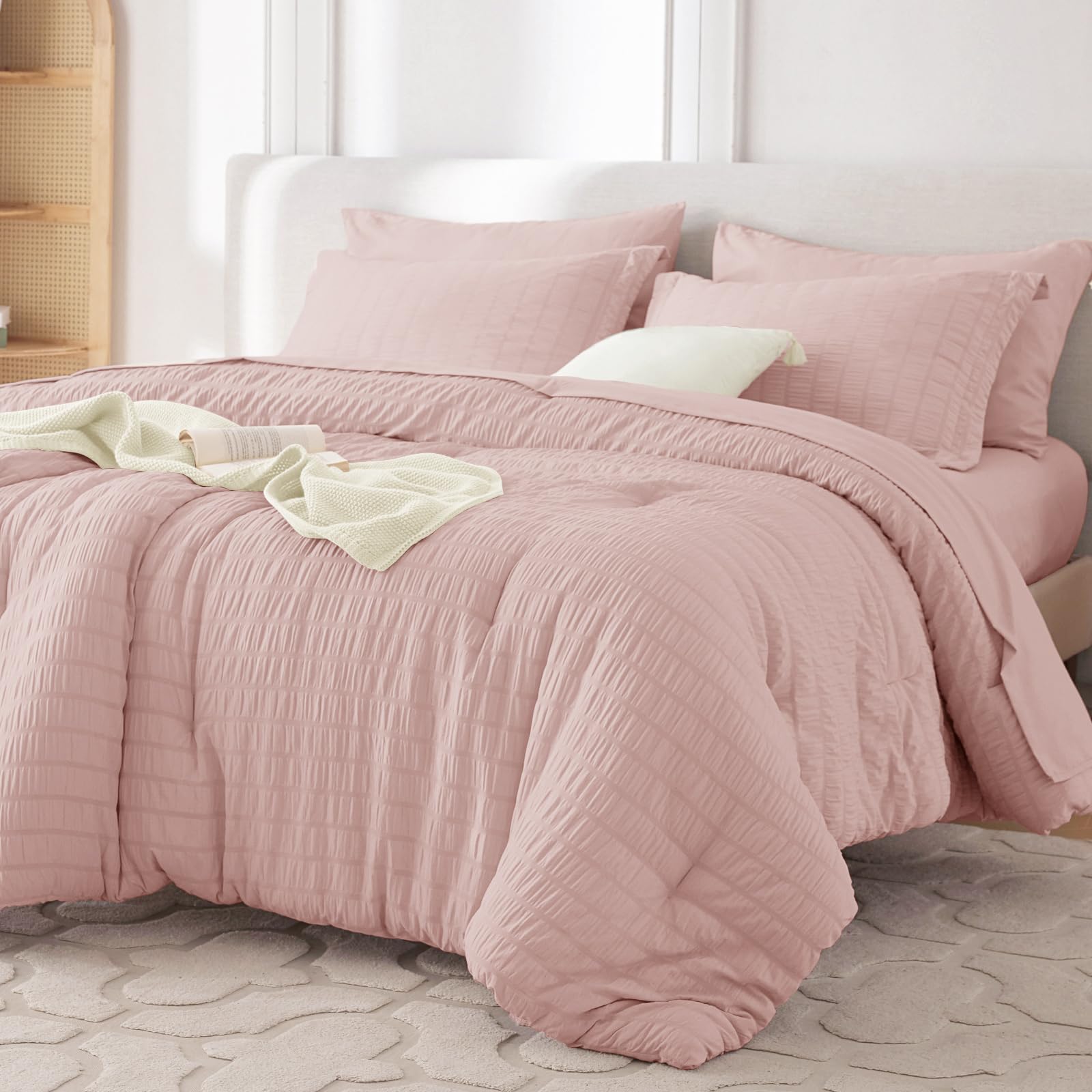 MUXHOMO 7 Pieces Queen Comforter Set, Seersucker Bed in a Bag Queen Size, All Season Luxury Bedding Set with Comforter, Flat Sheet, Fitted Sheet, Pillowcases & Shams, Rose Gold Image