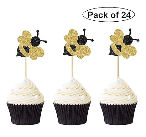 Pack Of 24 Glitter Bumble Bee Cupcake Toppers Gender Reveal Baby