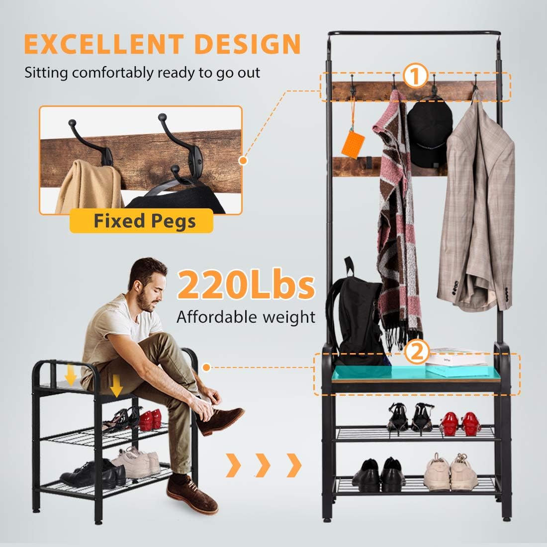 VIVOHOME 3-in-1 Entryway Hall Tree, Heavy Duty MDF Stand Coat Rack with Storage Bench, Industrial Wood Furniture with Stable Metal Frame, 8 Hooks: Home Improvement