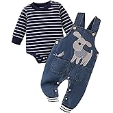 Baby Boy Clothes Fall Winter Outfits Long Sleeve Striped Romper Cute Cartoon Jeans Overalls Pants Set 0-18 Months