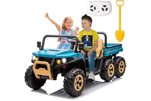 LUIBAS 24V Ride on Truck, 2 Seater Ride-on UTV with Large Electric Dump Bed, 6 Wheels Ride on Tractor Car for Kids with Remote Control, 4WD Ride on Toys with Music for Toddler Boys Girls, Blue