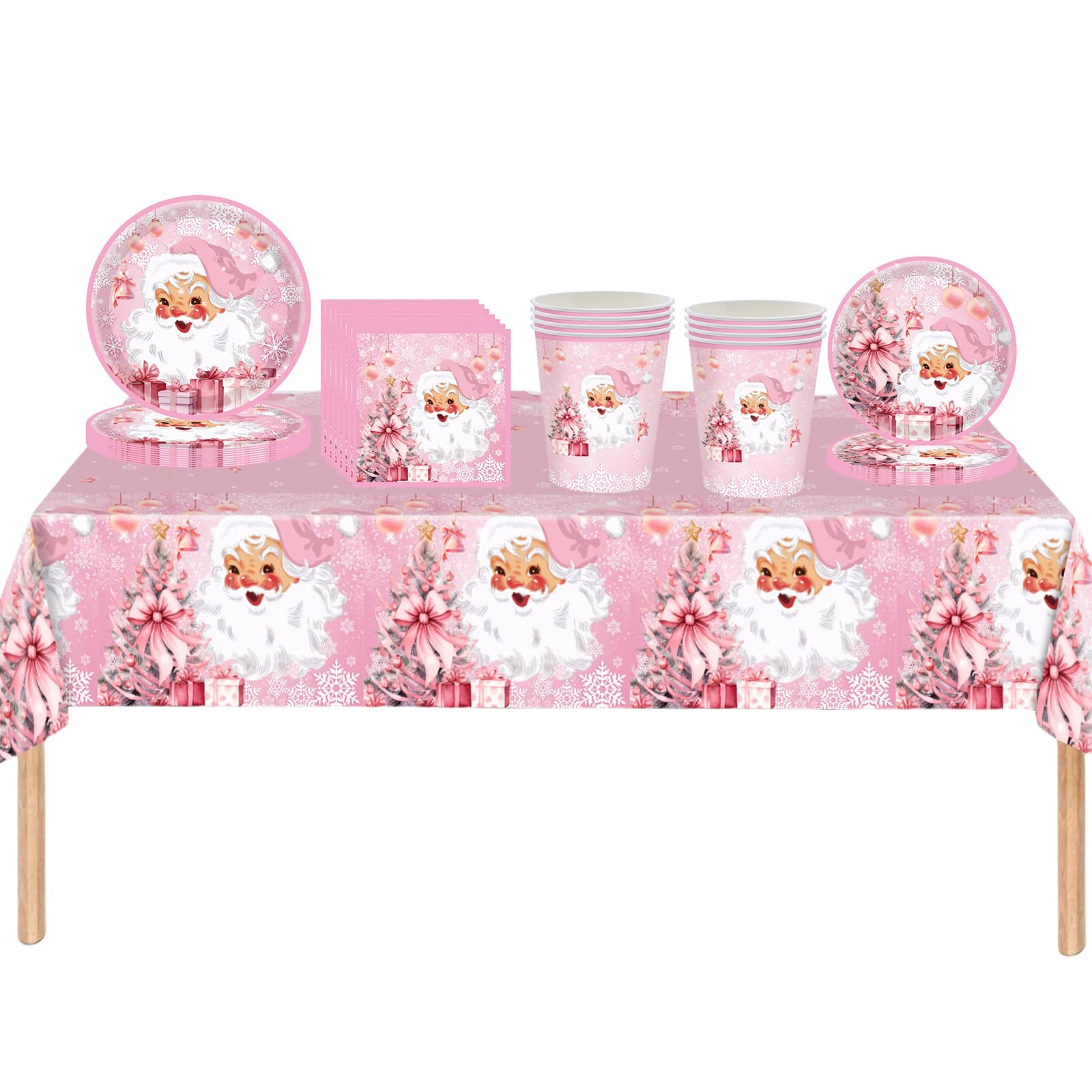 69pcs Christmas Party Tableware Table Cloth,Paper Plates Napkins Serviettes and Cups,Christmas Decorations Santa Snowflake Pink Dinnerware Set for Winter Holiday Xmas Party Table Decorations