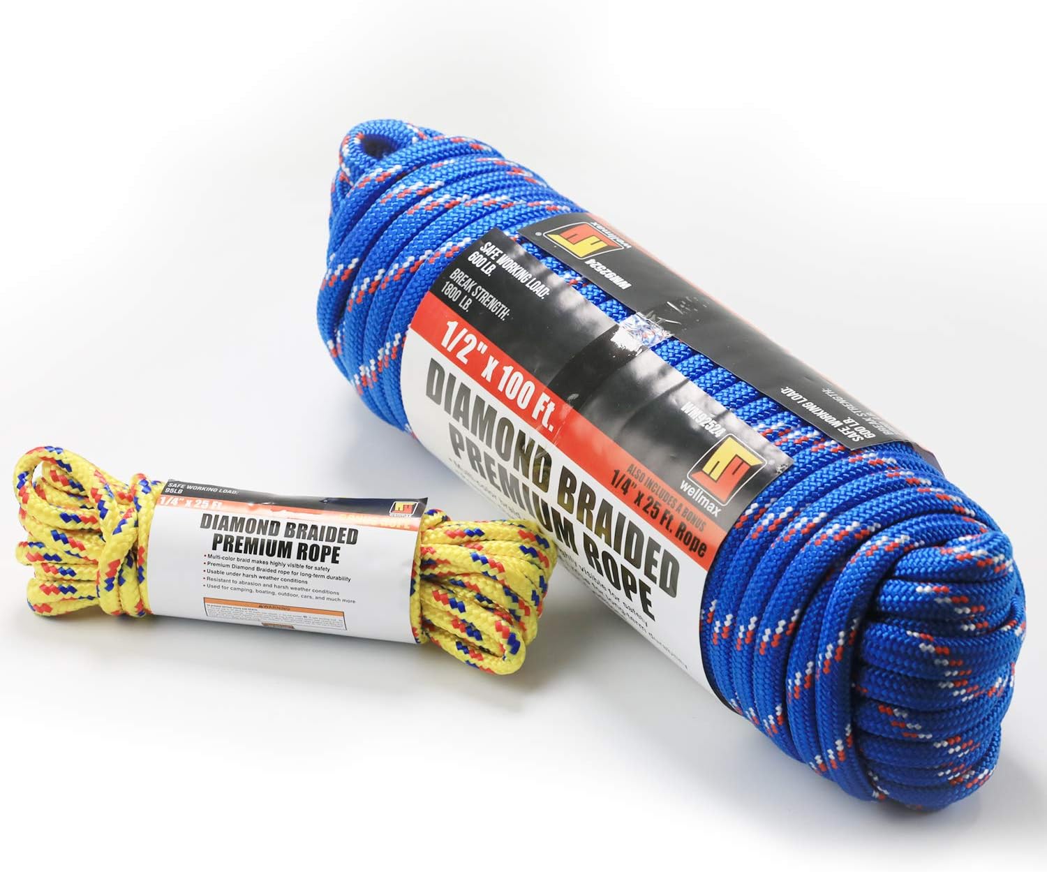 Wellmax Diamond Braid Nylon Rope, 1/2in X 100FT with Bonus