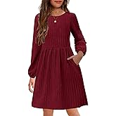 YOVION Girls Knit Dress Crew Neck Long Sleeve Plain A-Line Fall Casual Dresses with Pockets for 6-12 Y
