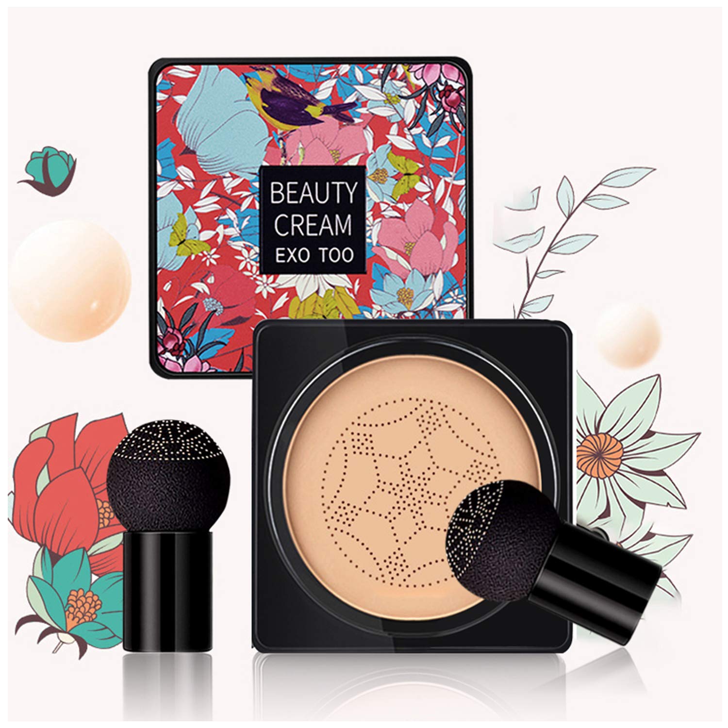 Air Cushion CC Cream Foundation Moisturizing Long Lasting Matte Concealer Light Weight Smoothly Water Proof Makeup Base Liquid Foundation with 2PCS Mushroom Head (2 Black Mushroom Head)
