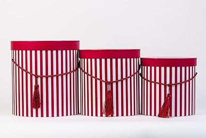 Set Of 3 Round Storage Boxes With Lid In Red With Cord And Tassel