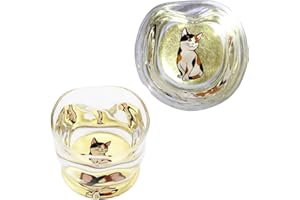 Kasyou Studio Calico Cat Sake Cup (Natural curl Shape) Glass (Kanazawa Gold Foil, Gift Box), Made in Japan, Japanese Sake Cup