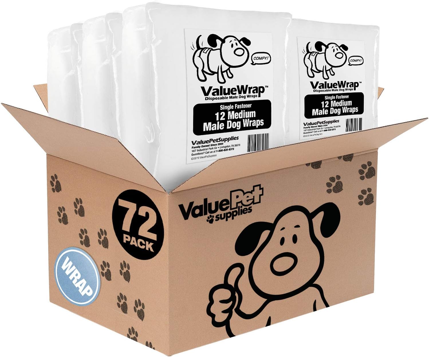 Male Wraps, Disposable Dog Diapers, 1-Tab Medium, 72 Count - Snag-Free Fastener, Leak Protection, Wetness Indicator