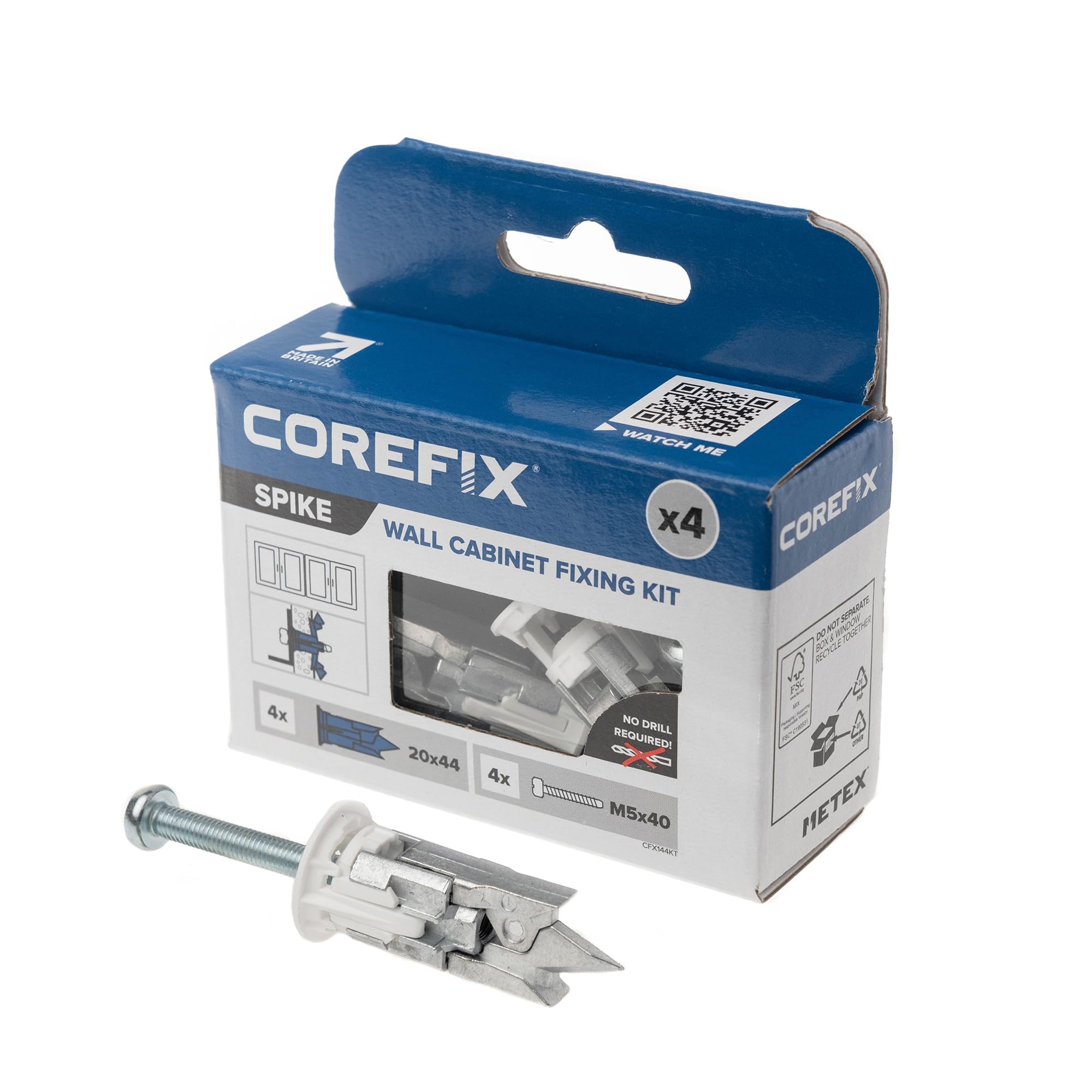 Corefix Spike Cabinet Mounting Kit 4 Pack - Heavy Duty Plasterboard Fixings for Kitchen Cupboards and Bathroom Cabinets. Easy to Install with NO Drill Required Suitable for All Plasterboard Types.