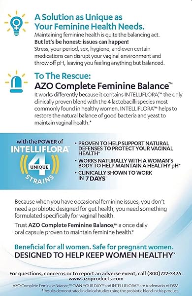 AZO COMPLETE FEMININE BALANCE DAILY PROBIOTICS FOR WOMEN, CLINICALLY PROVEN TO HELP PROTECT VAGINAL HEALTH, BALANCE PH AND YEAST, NON-GMO, 30 COUNT
