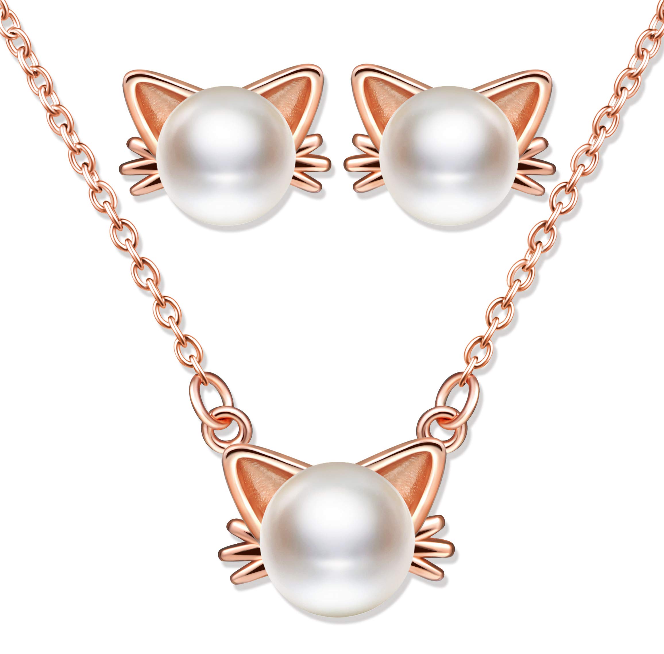 Yumilok 925 Sterling Silver Jewelry Set Cute Cat Pearl Necklace Stud Earrings for Women Girls