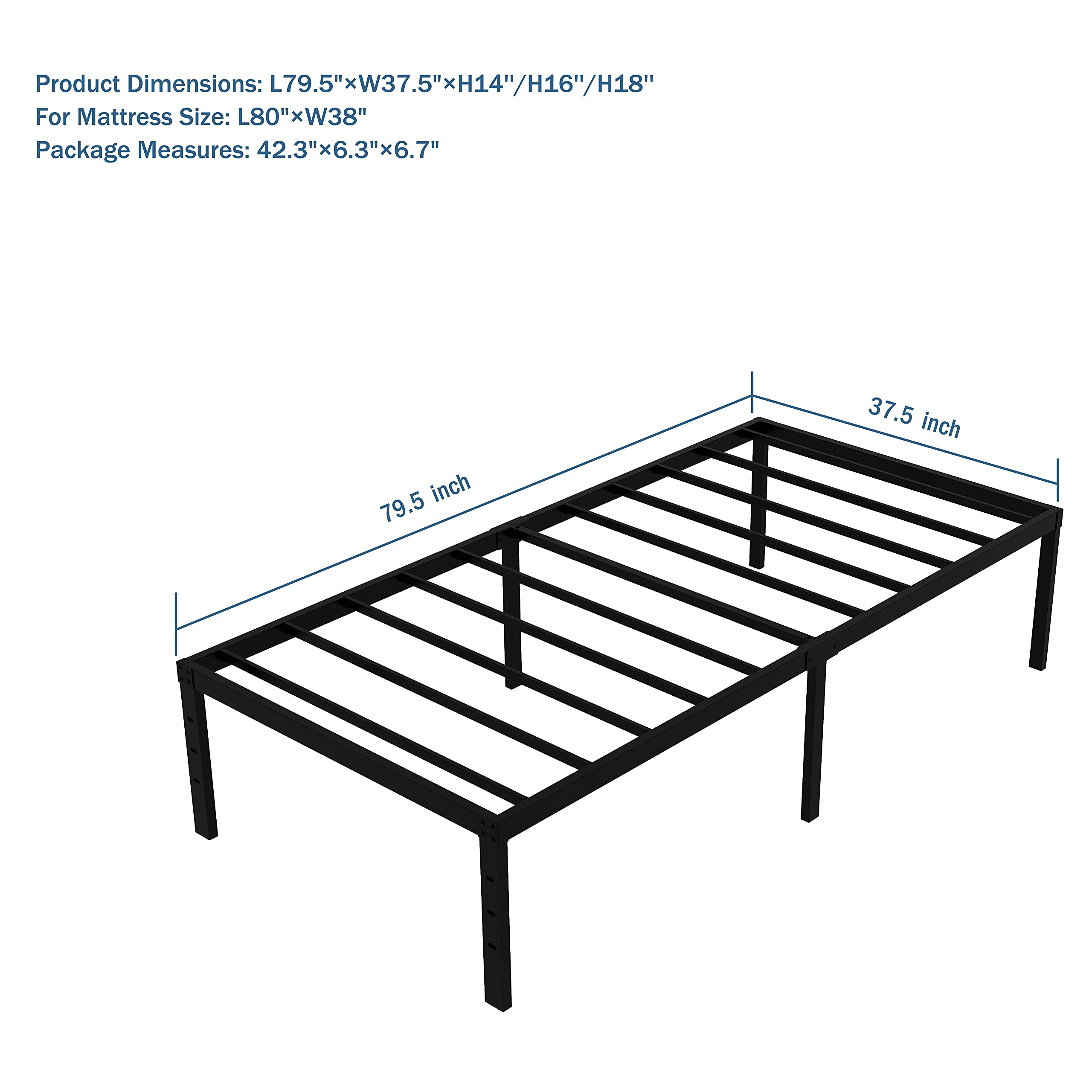 Heavy Duty Non-Slip Twin XL Size Bed Frame with Steel Slat Support, 16 Inch Height Durable and Strong Platform Metal Bed Frames Mattress Foundation for 3500 lbs, No Noise, No Box Spring Needed