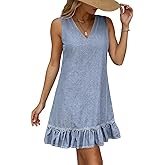 Dokotoo Denim Dress for Women Spring Summer Sleeveless V Neck Ruffle Hem Lightweight Casual A-Line Mini Jean Dresses