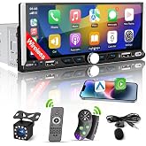 Single Din Car Radio Compatible with Wireless Apple CarPlay,6.9''Car Stereo | IPS Touchscreen,Bluetooth,FM AM Radio,GPS Navigation,Type-C/Dual USB 2.1A Fast Charge/Rear View Camera,MP5