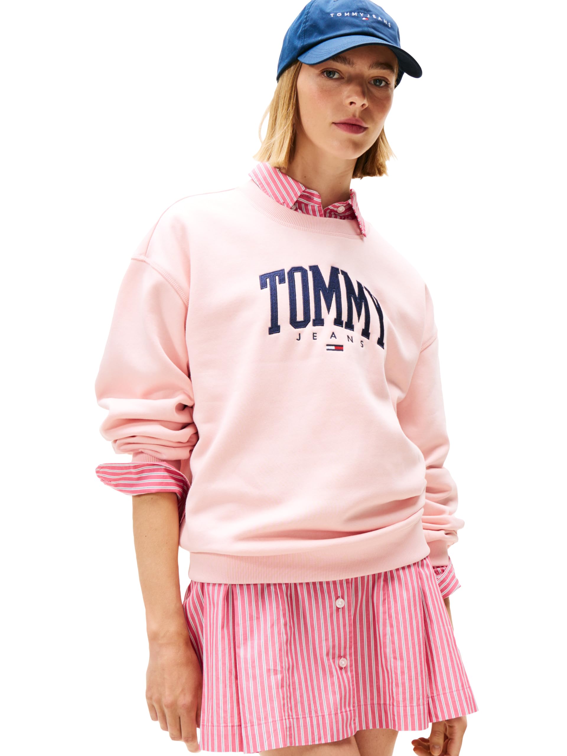 Tommy Jeans Women’s Medium Weight Pullover Crewneck with Printed Logo, Pink Dream