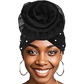 Bohend Big Flower Glitter Pleated Headwrap Cap Pearl Pre Tied Turbans Beanie Knotted Bonnet Stretch Headscarf Hat Women