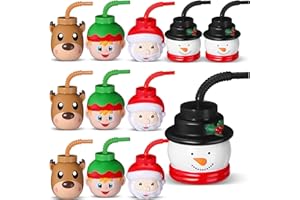 Sliner 12 Pack Christmas Party Favor Gift Cups with Straws and Lids,10 oz Christmas Plastic Cups Cute Santa Claus Elk Snowman for Winter Xmas Holiday Birthday Party Gifts Supplies