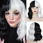 Black and White Wig Short Bob Wig with Bangs for Women Loose Wavy Bob Wigs Shoulder Length Synthetic Colorful Wigs Cosplay Halloween Cruella Deville Costume