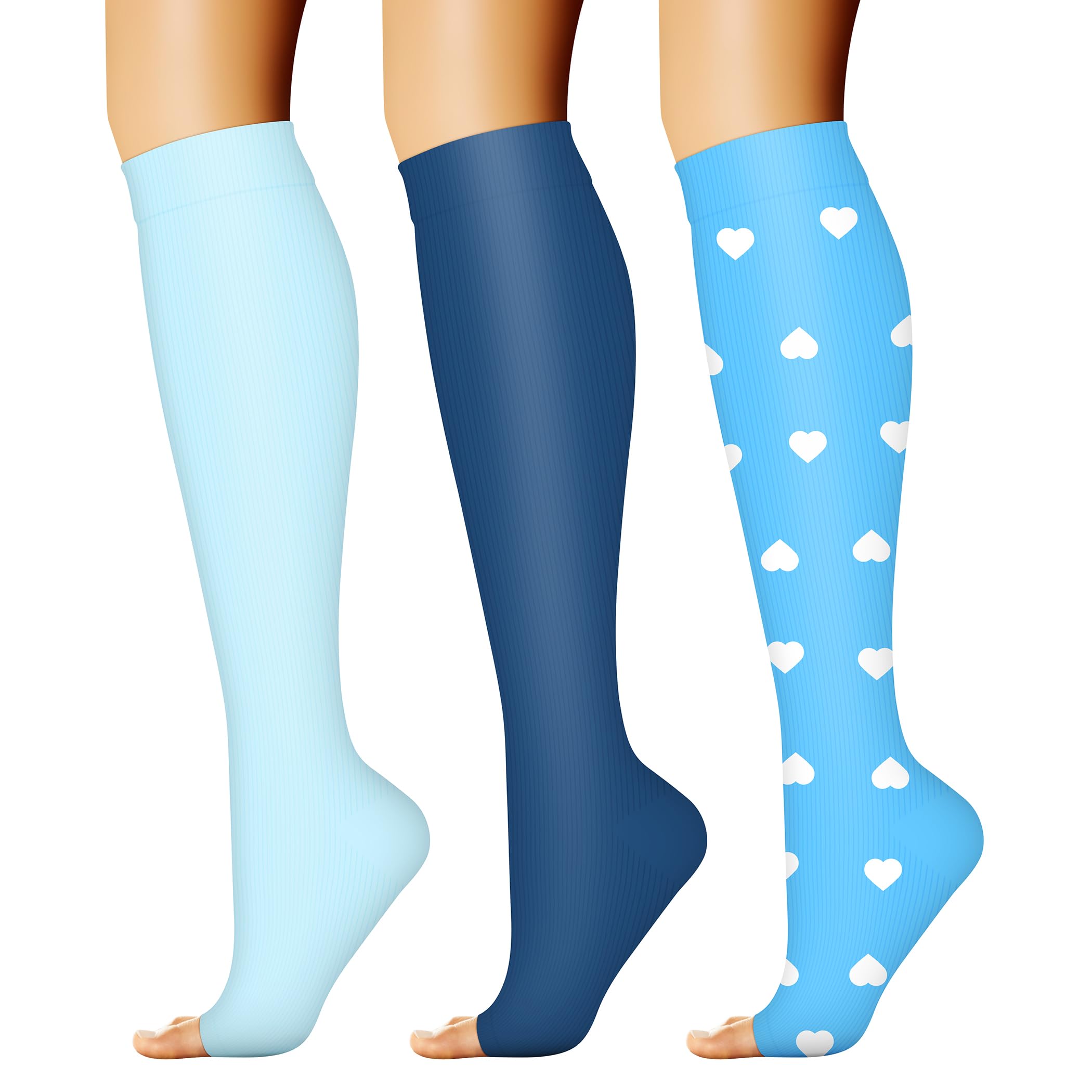 Photo 1 of ***BLUE HEART SOCKS MISSING***
CHARMKING 3 Pairs Open Toe Compression Socks for Women & Men Circulation 15-20 mmHg is Best for All Day Wear Running Nurse (16 Blue/Blue/Blue, L/XL)