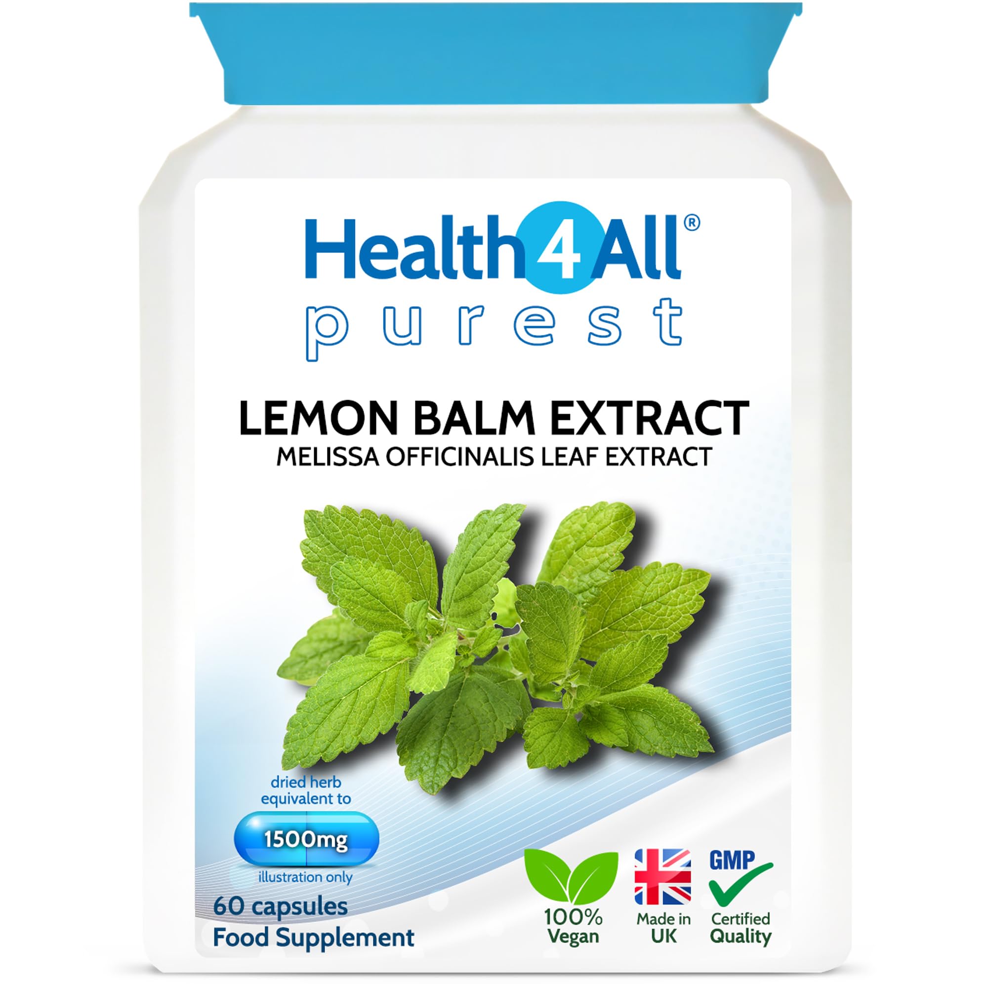 Health4All Lemon Balm Extract 1500mg per Capsule, 60 Capsules 2 Months Supply, High Strength Vegan Melissa for Anxiety, Sleep Support Supplement, Purest: no additives | Made in UK
