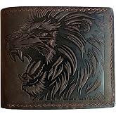 Genuine leather handcrafted wallet, bifold Classic Style, Lion head design | Distress leather, handmade in Classic bifold style with ID card slot, big pocket for cash/bills, animals pattern