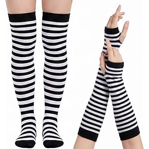 Baokcotei Womens Striped Arm Warmers Knee High Socks & Long Knitted Arm Warmers Fingerless Gloves