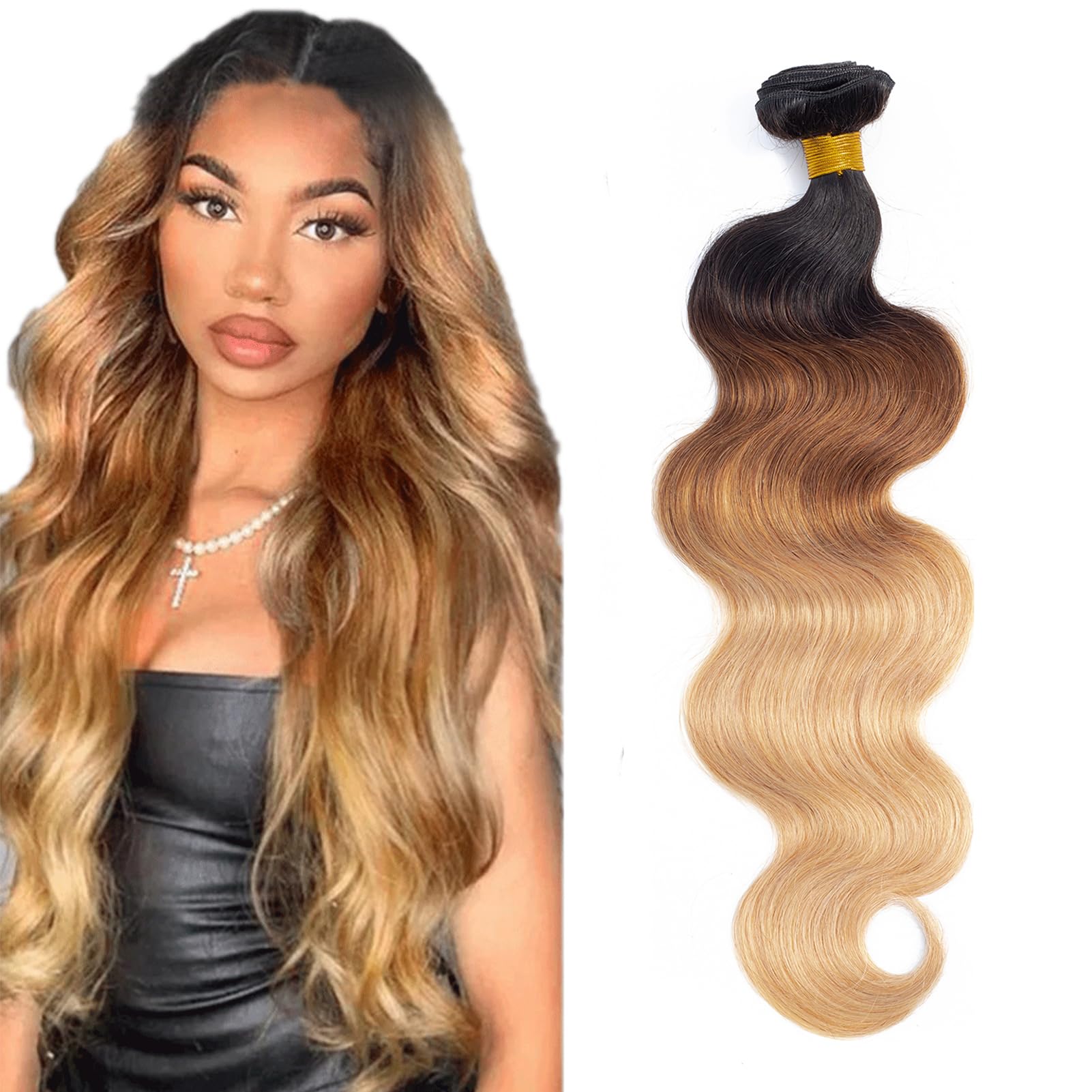 Photo 1 of 12A Grade Ombre Bundles Human Hair 22 Inch Brazilian Virgin Ombre Blonde Body Wave Hair 1 Bundle 100% Unprocessed Virgin Remy Human Hair Weave Bundles T1B/30/27