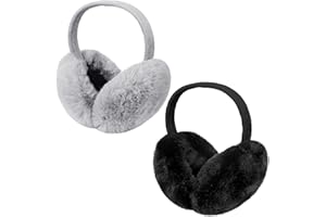 Fuyamp 2 Packs Ear Muffs Foldable Faux Fur Winter Outdoor Earmuffs Soft Furry Earmuffs for Women Men in Cold Weather (grey black)