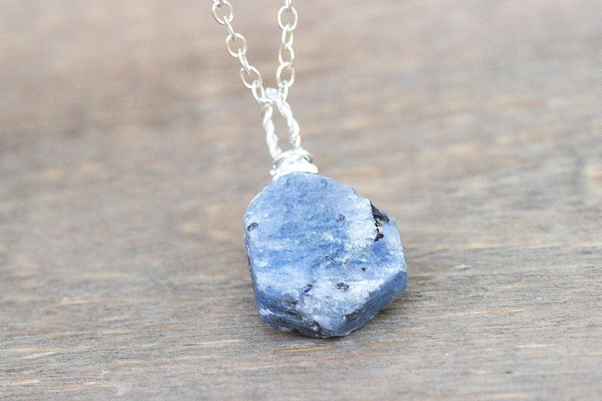 Raw Blue Sapphire September Birthstone Necklace in Sterling Silver or 14K Gold Fill 16" to 22"